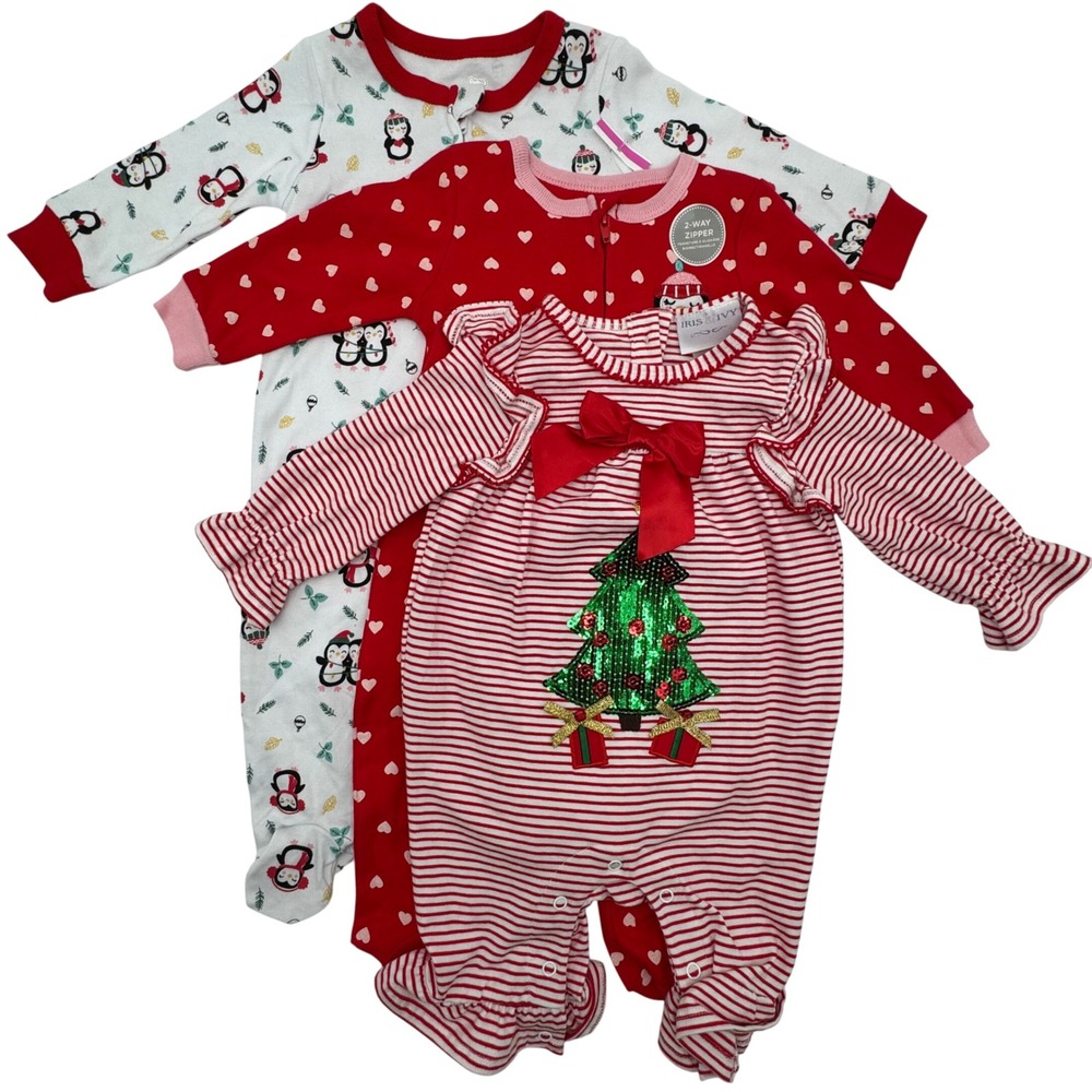 Koalababy Iris Ivy Kids 3-6M Christmas‎ Pajamas Sleepers Lot of 3 Bundle Penguin